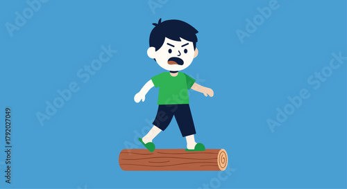 Adventures await as a young boy bravely balances on a wooden log, embodying courage and playful spirit in this vibrant scene
