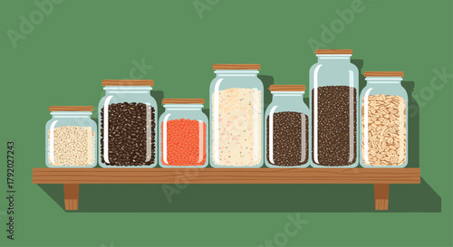 Organized pantry with glass jars filled with lentils, quinoa, beans, and oats on wooden shelf against green wall for healthy cooking ideas