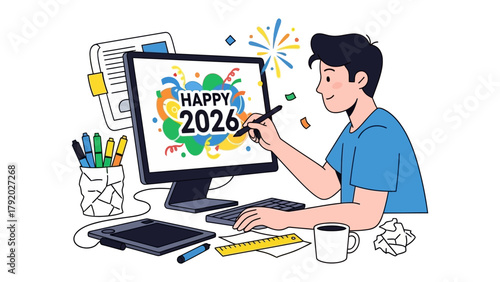 Creative digital art for a New Year's:  A digital artist enthusiastically designs a vibrant Happy 2026 illustration on the computer. surrounded by essential tools, envisioning a hopeful new year.