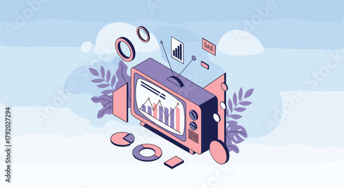 Modern isometric presentation shows business data and charts on retro TV screen, great for finance reports and innovative business strategies
