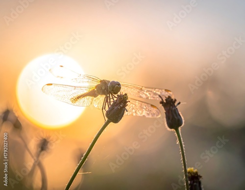Dragonfly perched on a flower stem with a vibrant, glowing sunset