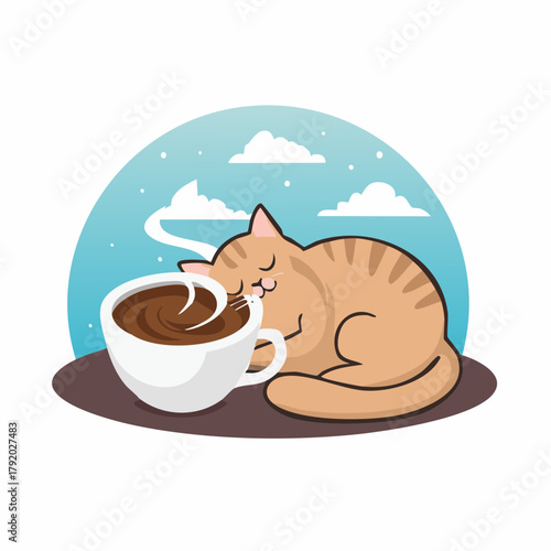 Cartoon Cat Napping with Coffee Cup Cozy and Relaxing Illustration