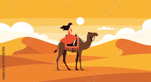 Woman riding a camel through the Sahara Desert, capturing the essence of adventure and cultural exploration under the bright sun