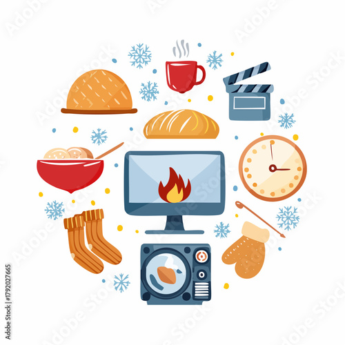 Embrace the concept of ultimate winter comfort and coziness at home with a collection of heartwarming elements, perfect for relaxation and enjoying the colder season