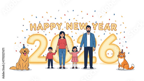 Happy New Year 2026 Celebration: A cheerful family stands united, flanked by their beloved pets, under the festive banner of a joyous New Year celebration in 2026.