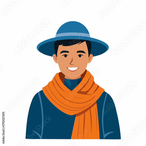 Vibrant illustration of a cheerful young man wearing a stylish blue hat and a warm orange scarf, exuding a friendly and approachable demeanor in a modern character design
