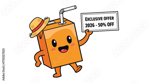 Cheerful Beverage Promotion: A charming carton character, brimming with personality, cheerfully presents an exclusive offer for juice and smiles warmly.