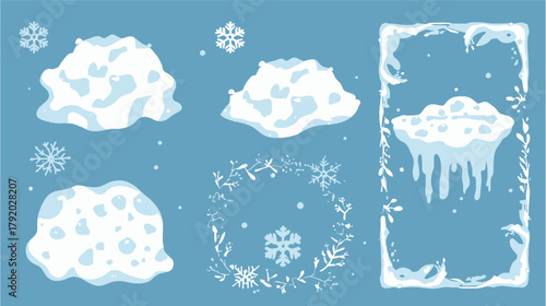 A collection of winter-themed illustrations featuring snowdrifts, snowflakes, and decorative frames with a cool blue color palette for seasonal designs.