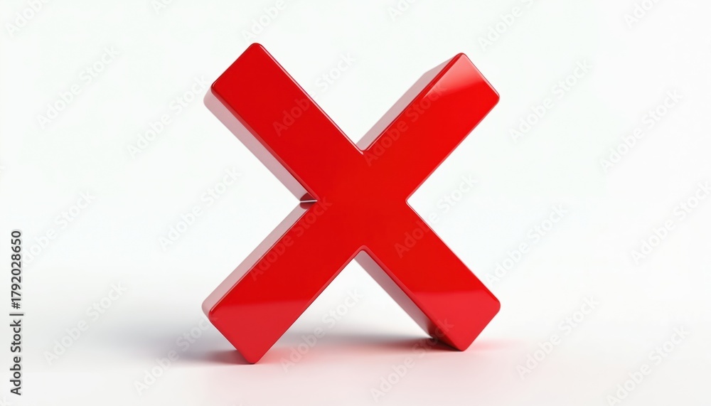 Fototapeta premium Bold red X mark on clean white backdrop. Simple cross symbol indicates negation rejection or incorrect answer. Useful for design choices error messages or warnings.