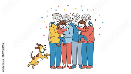 Family Embrace: A loving family, spanning generations, huddles together, their faces illuminated with happiness, creating a beautiful image of togetherness and unconditional love, a pet dog jumping.