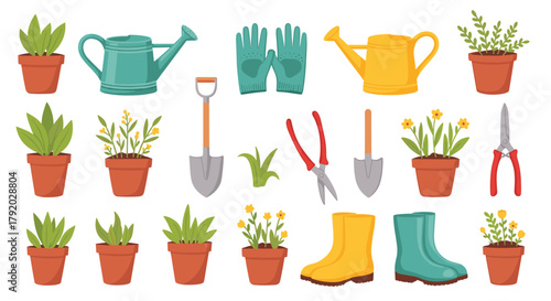 Charming gardening essentials including plants, watering cans, and tools for a blissful spring season gardening project or backyard design