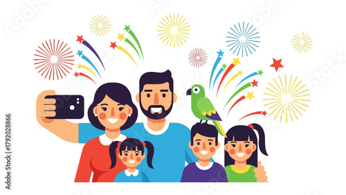 Family Selfie Celebration with Fireworks: A happy family poses for a selfie, celebrating a joyous occasion with festive fireworks in the background, complete with a pet parrot.