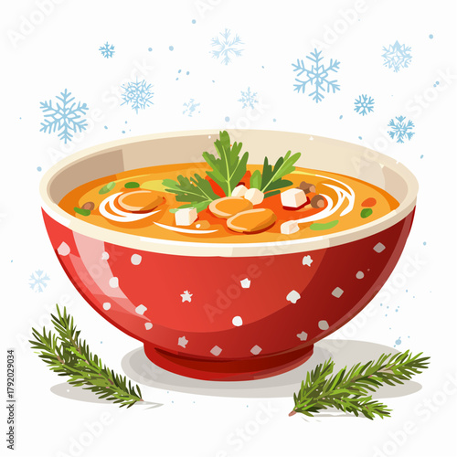 A cozy illustration of a warm bowl of hearty vegetable soup in a red polka dot bowl, perfect for a cold winter day with snowflakes falling