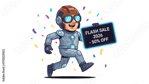 Flash Sale Robot: A futuristic robot sprints forward, holding a sign for a Flash Sale event, symbolizing the speed and innovation of promotions and discounts.