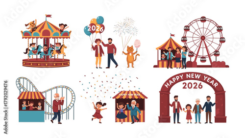 Fairground Fun: A collection of vibrant illustrations showcasing the joyful atmosphere of a fairground, with scenes of a carousel, Ferris wheel, roller coaster, and lively celebrations.