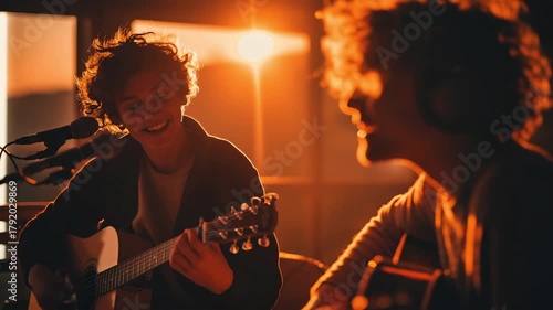 Young woman with curly hair singing and playing guitar in warm sunset light, creating a joyful atmosphere