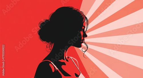 Silhouette of a woman with sun rays in a red and pink vintage style design on transparent background
