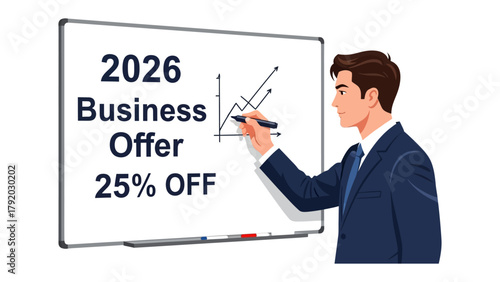 Business Offer and Strategy: A businessman illustrates the growth potential of a 2026 business offer on a whiteboard. the scene showcases planning, analysis, and strategic vision for the future.