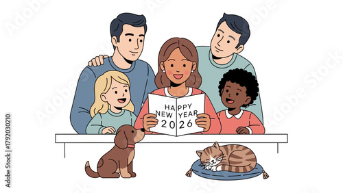 New Year's Family Gathering: A heartwarming illustration of a family gathered together celebrating the New Year. The scene radiates warmth and togetherness.