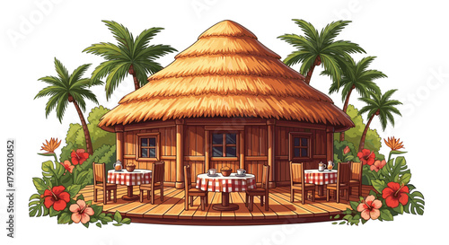 Charming thatched-roof cafe surrounded by lush tropical flowers and swaying palm trees offers a tranquil island escape for your next project
