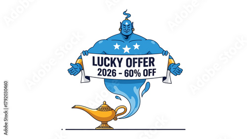 Lucky Offer Genie Illustration: An illustration captures the essence of a lucky offer with a charming genie, emerging from his lamp, presenting a banner announcing a special discount.