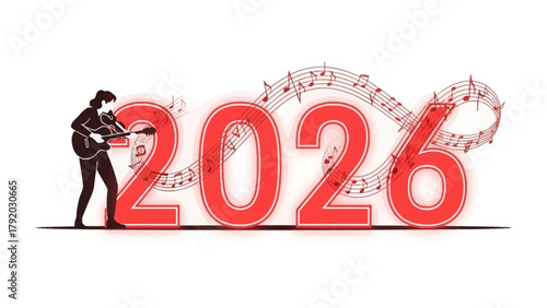 Musical Prelude to the Future: The year 2026 takes center stage, intertwined with music, as a silhouette strums a guitar amid flowing musical notes, inviting a symphony of anticipation for the future.