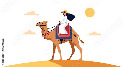 Elegant woman riding a camel across the sandy desert landscape under a bright sun, evoking adventure and exotic travel experiences with a touch of grace