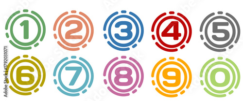 Set of bullet point design elements from numbers 0 to 9. Collection of colorful number marker designs. Vector illustration.