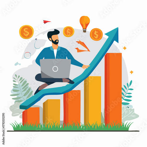 Dynamic business growth and financial success concept, depicting an entrepreneur strategically working on a laptop atop a rising bar chart, symbolizing progress, innovation, and investment returns
