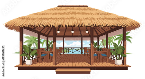 Tropical beach restaurant with thatched roof and ocean view, perfect for vacation vibes and travel promotions, serene getaway atmosphere