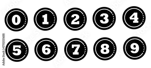 Collection of bullet points, number font icons. Vector set of bullet points numbers 0 to 9. Colored in black. Vector illustration.