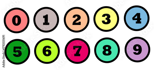 Set of colorful number bullet points, number font icon. Vector set of bullet points numbers 0 to 9. Vector illustration.