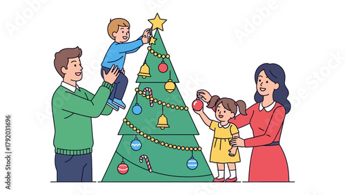 Family Christmas Tree Decoration: A family decorates their Christmas tree with ornaments, the scene exudes warmth and joy, readying for the holiday season.