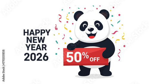New Year Panda Discount: A cute panda celebrates the New Year, holding a sign displaying a generous discount offer. It's a festive scene of joy and savings.