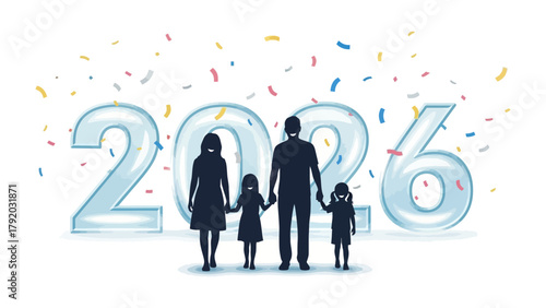 Family Portrait of 2026: A silhouette family stands united before the year 2026, surrounded by celebratory confetti, representing hope and anticipation for the future.