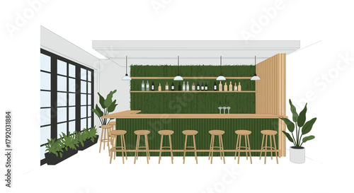 Chic bar area with modern stools and a green wall, perfect for restaurants and cafes wanting a stylish atmosphere and inviting place to unwind
