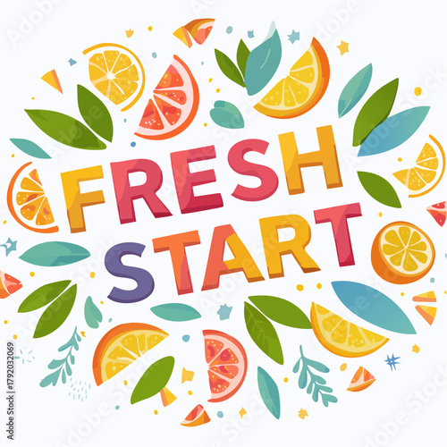 Dynamic 'Fresh Start' typography surrounded by a refreshing mix of vibrant citrus fruits and lush botanical elements, embodying optimism, health, and a renewed sense of purpose and energy