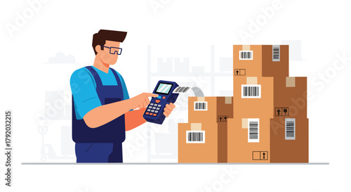 Efficient worker scanning boxes for delivery with handheld device in warehouse, ensuring accurate inventory and speedy logistics operations