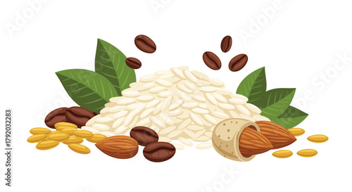 Healthy lifestyle illustration featuring rice, coffee beans, almonds, and flax seeds, perfect for promoting nutritious eating and balanced diets
