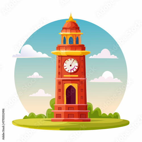Colorful Illustrated Tower with a Clock Face Under a Blue Sky and White Clouds - Architectural Landmark