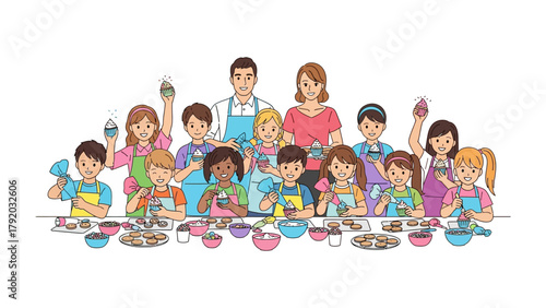 Sweet Creations: A gathering of children, united by their shared passion for baking, as they engage in the art of cupcake decoration under the guidance of two instructors.