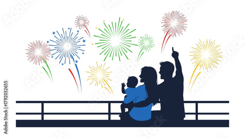 Family Moments Under Fireworks: A silhouette of a family, filled with anticipation and wonder, watches a dazzling display of fireworks light up the night sky.