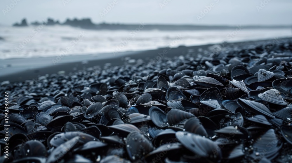 Obraz premium A close-up view of black seashells scattered on a dark sandy beach. The ocean waves gently lap at the shore in the background under a cloudy sky.