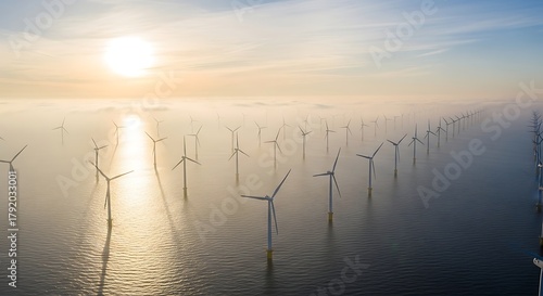 Stunning aerial view of offshore wind farm at sunrise with turbines reflecting in the water creating a serene renewable energy landscape for a greener future