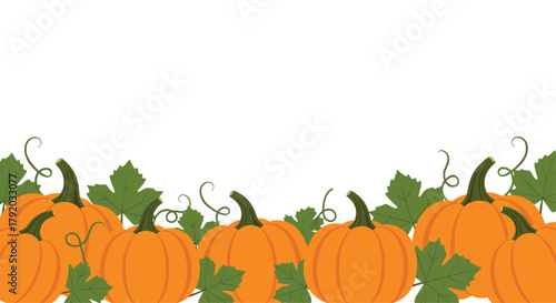 Cheerful pumpkins and leaves border for fall celebrations, harvest festivals, and Thanksgiving designs, perfect for seasonal marketing and holiday fun