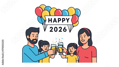 Festive toast: A family celebrates the new year, raising glasses high in a toast, with vibrant balloons and a banner proclaiming 'Happy 2026', embodying togetherness and cheer.