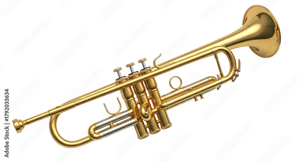 Obraz premium Golden brass trumpet musical instrument with valves and bell isolated on transparent background