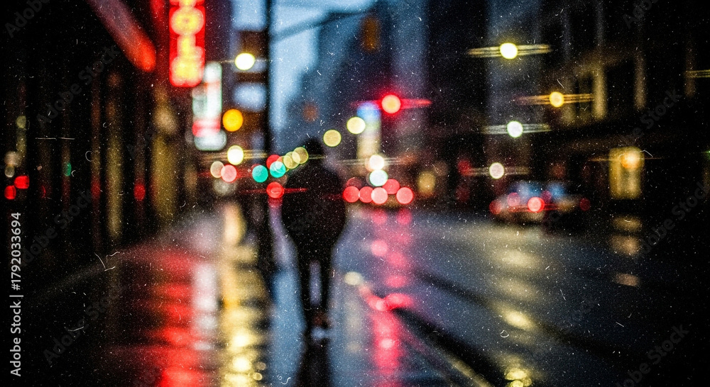 Fototapeta premium Blurred street scene at night with a person walking in the rain