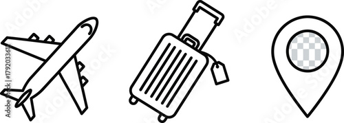 Travel icons with airplane suitcase and location pin in line style