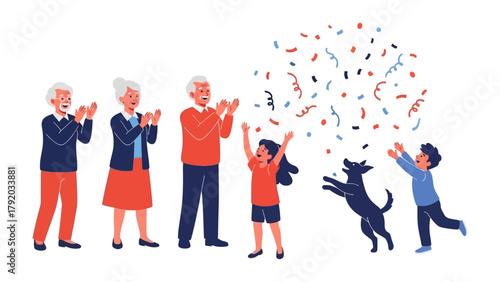 Celebratory Family Moment: A multi-generational family joyfully celebrates, applauding and reveling in the showering of colorful confetti.